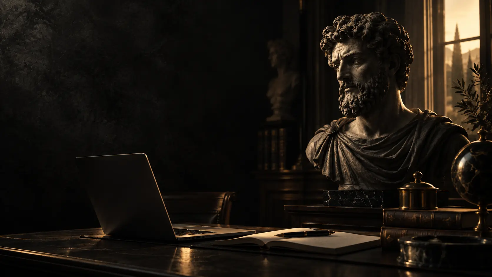 Ambiente de estudo com busto estoico, caderno e computador