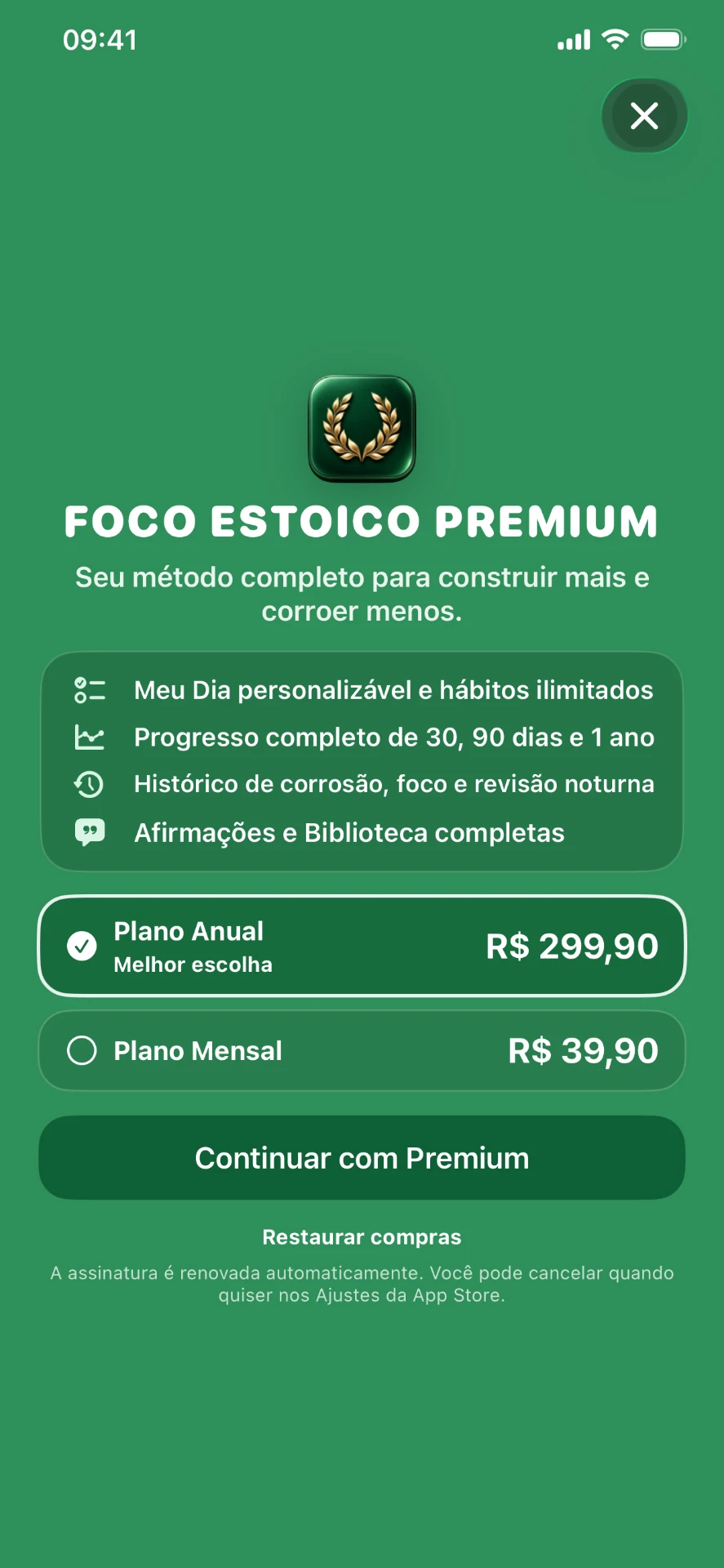 Tela do Foco Estoico Premium com os planos disponíveis